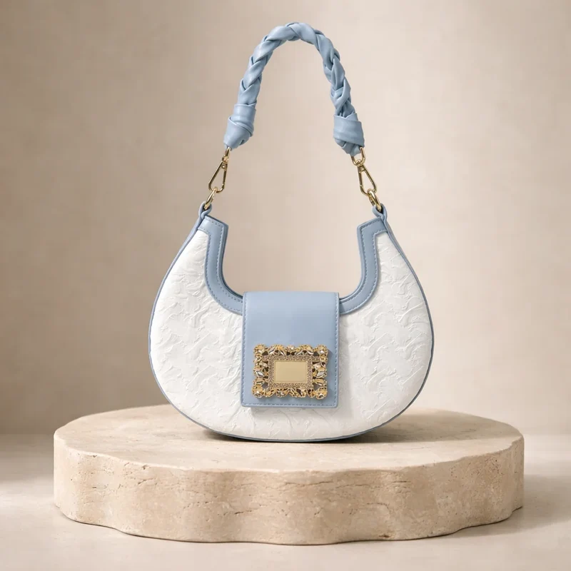 Sac bi-matière blanc & bleu détails dorés
