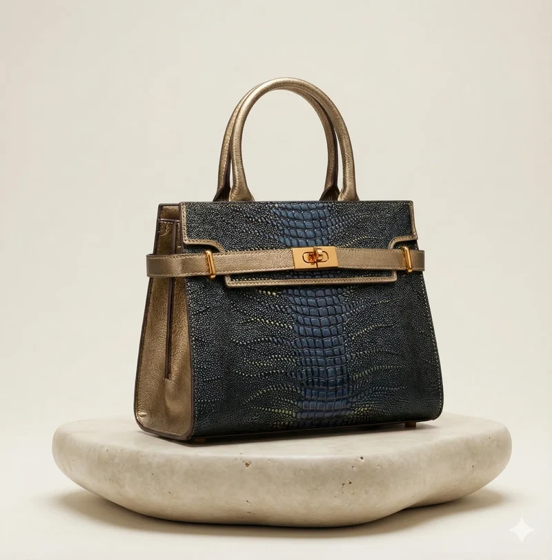Sac à main bleu marine effet croco