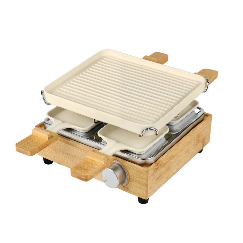 Appareil à raclette 4 personnes en aluminium et bambou