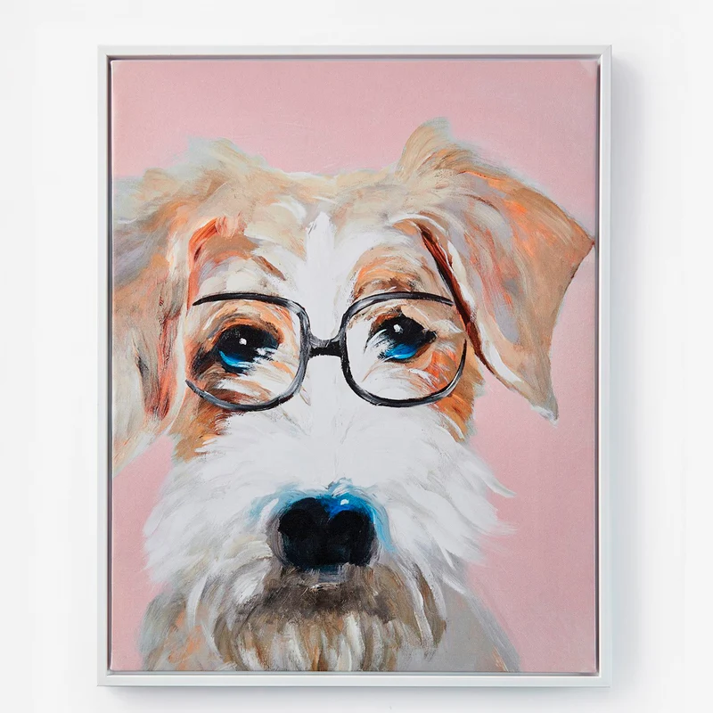 Toile cadre blanc - Chien à lunettes