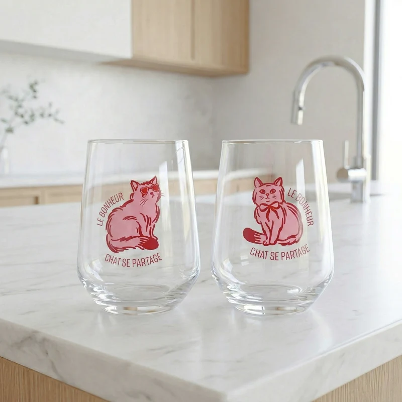 Duo de verres à vin sans pied - Chat
