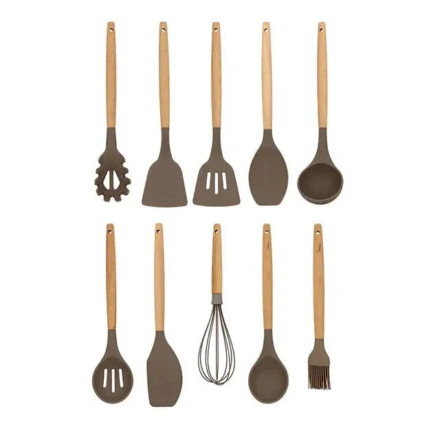 Set de 10 ustensiles Eliott en silicone avec manche en bois